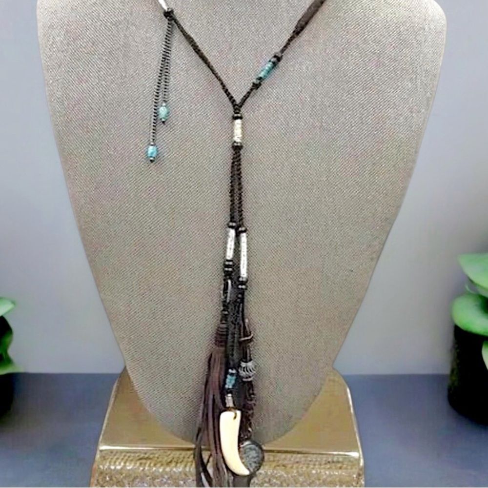 NWT Johnny Was Bohemian Leather Pendant Tassel Statement Necklace - Picture 8 of 16
